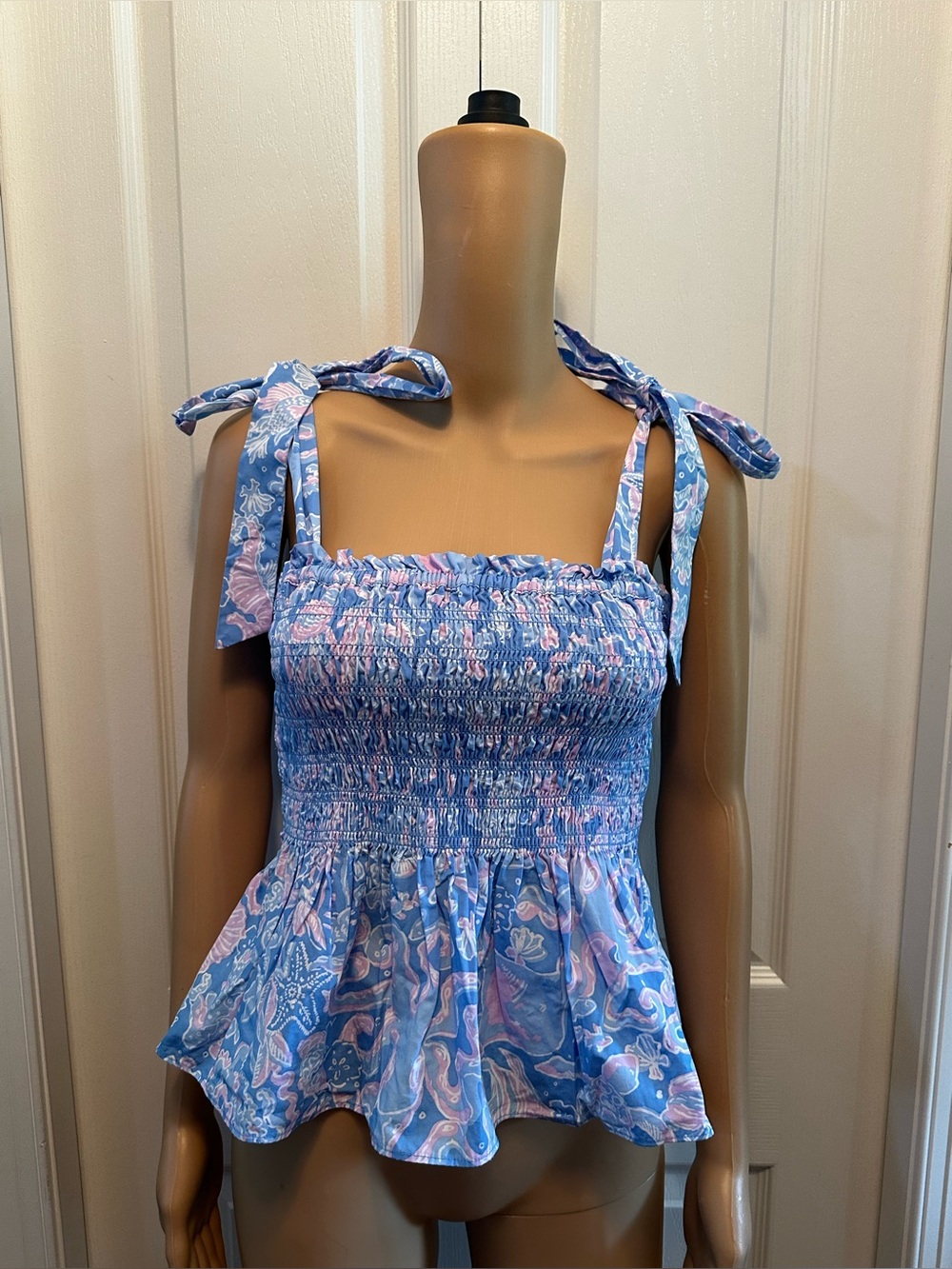 Lilly Pulitzer Blue and Pink Smocked Tie-Shoulder Peplum Camisole